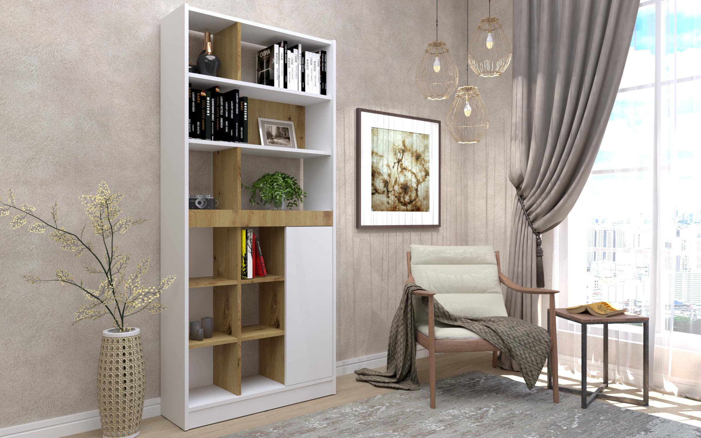 Bookcase Sumira, white + Artisan oak  1